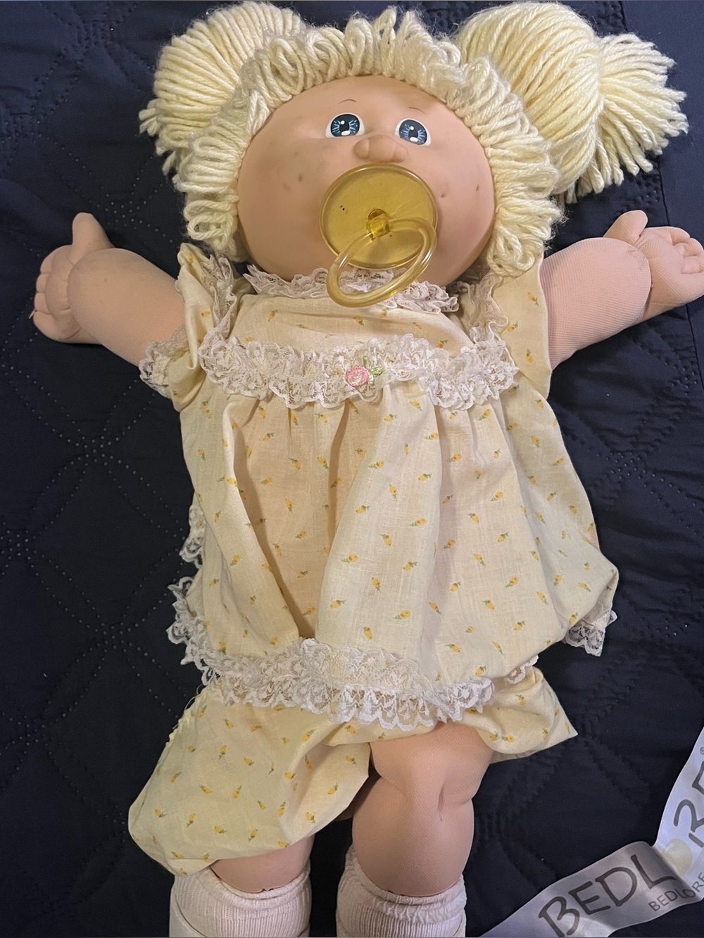 Vtg 1984 Cabbage Patch Kid Doll Blonde Hair Blue Eyes HM 1 Pacifier Yellow Dress
